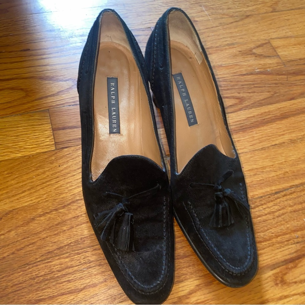 Vintage Ralph Lauren Black Suede Tassel Block Heel Pumps EU 39 US 8 MSRP $298